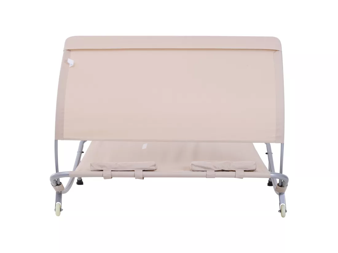 Bain de soleil 2 places lit de jardin design contemporain toit réglable 2 roulettes 2 oreillers acier époxy polyester sable