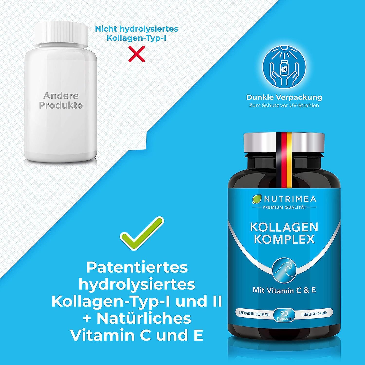 Nutrimea Nutrimea COLLAGEN  mit Natürlichem Vitamin C, E, A | Kollagen Hydrolysat Peptide Typ I + II
