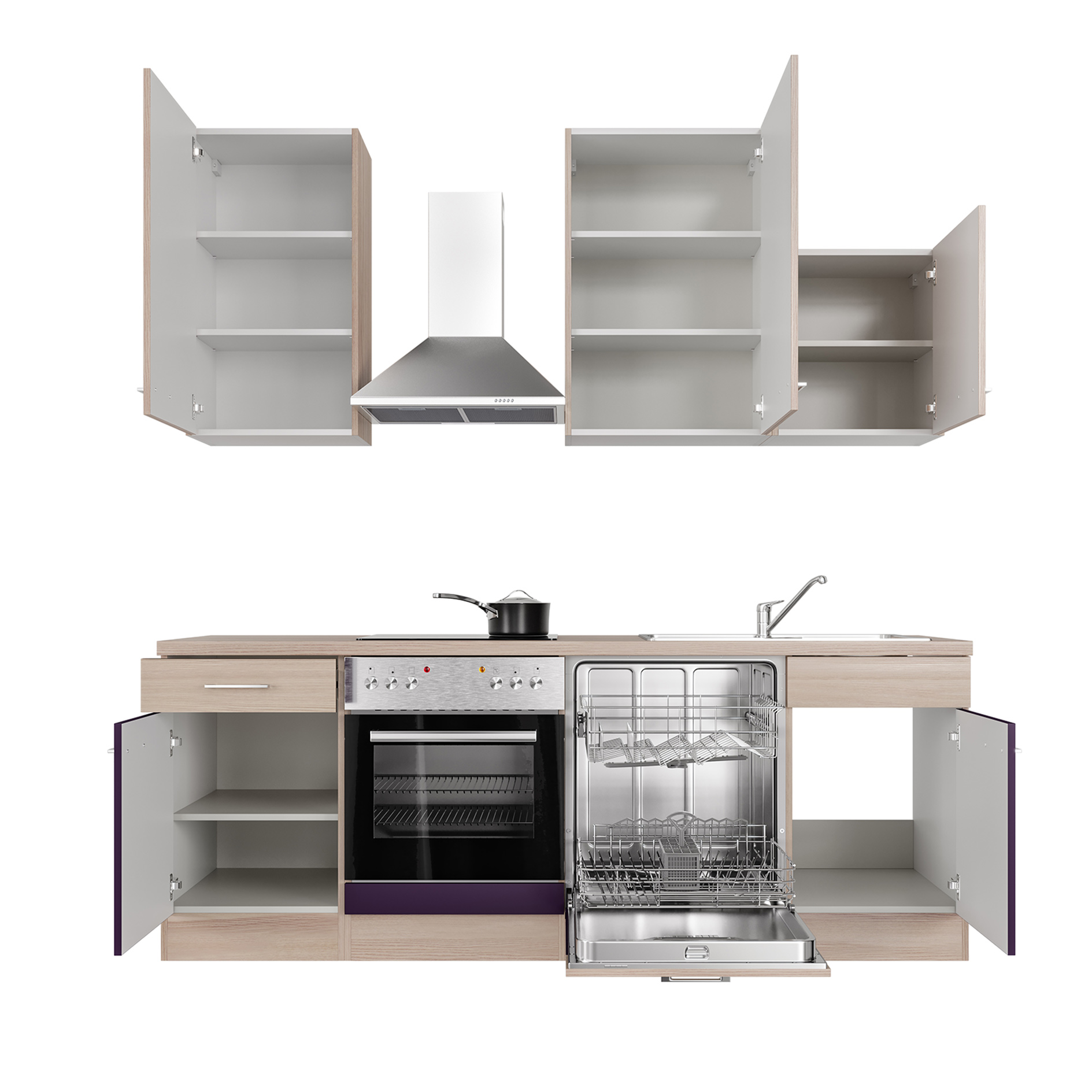 Küchenblock FOCUS - Akazie - aubergine - mit E-Geräten - 220 cm