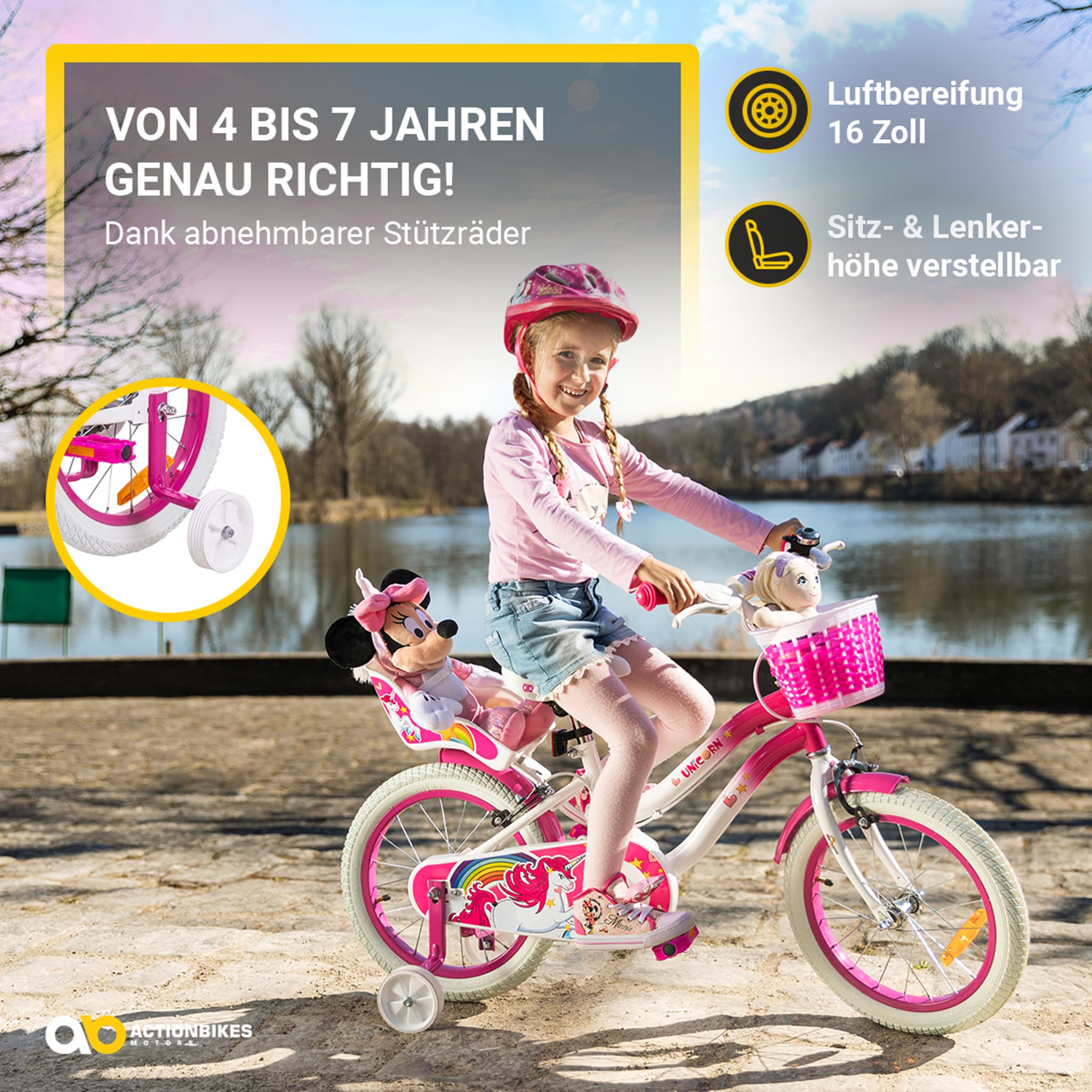 Actionbikes Kinderfahrrad Unicorn 16 Zoll, Pink, Einhorn-Design, Puppensitz, Stützräder, Fahrradkorb