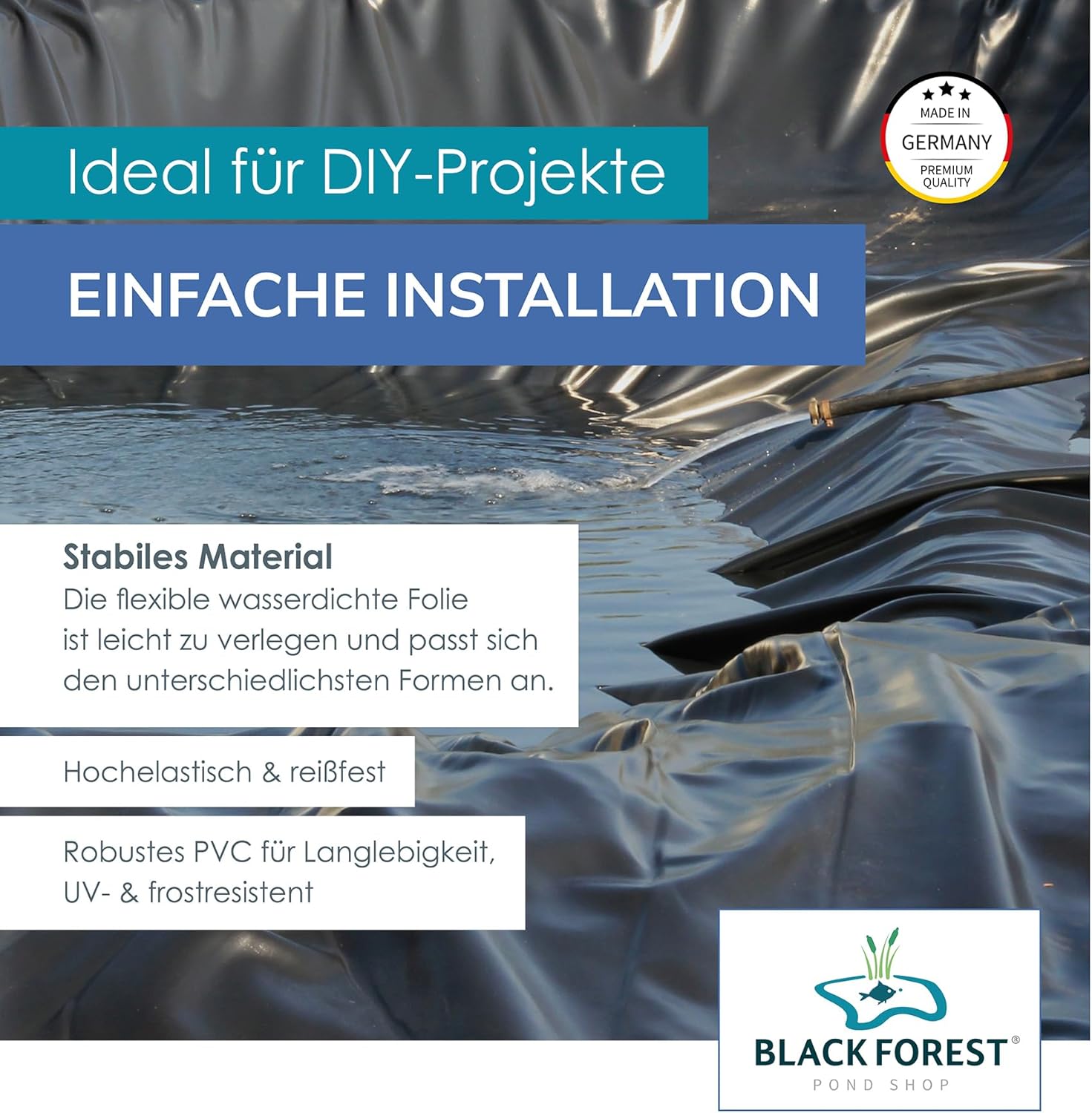 Schwarze PVC Teichfolie 1,50 mm 4 x 5 m für Schwimmteich Gartenteich Badeteich - Made in Germany 4x5m