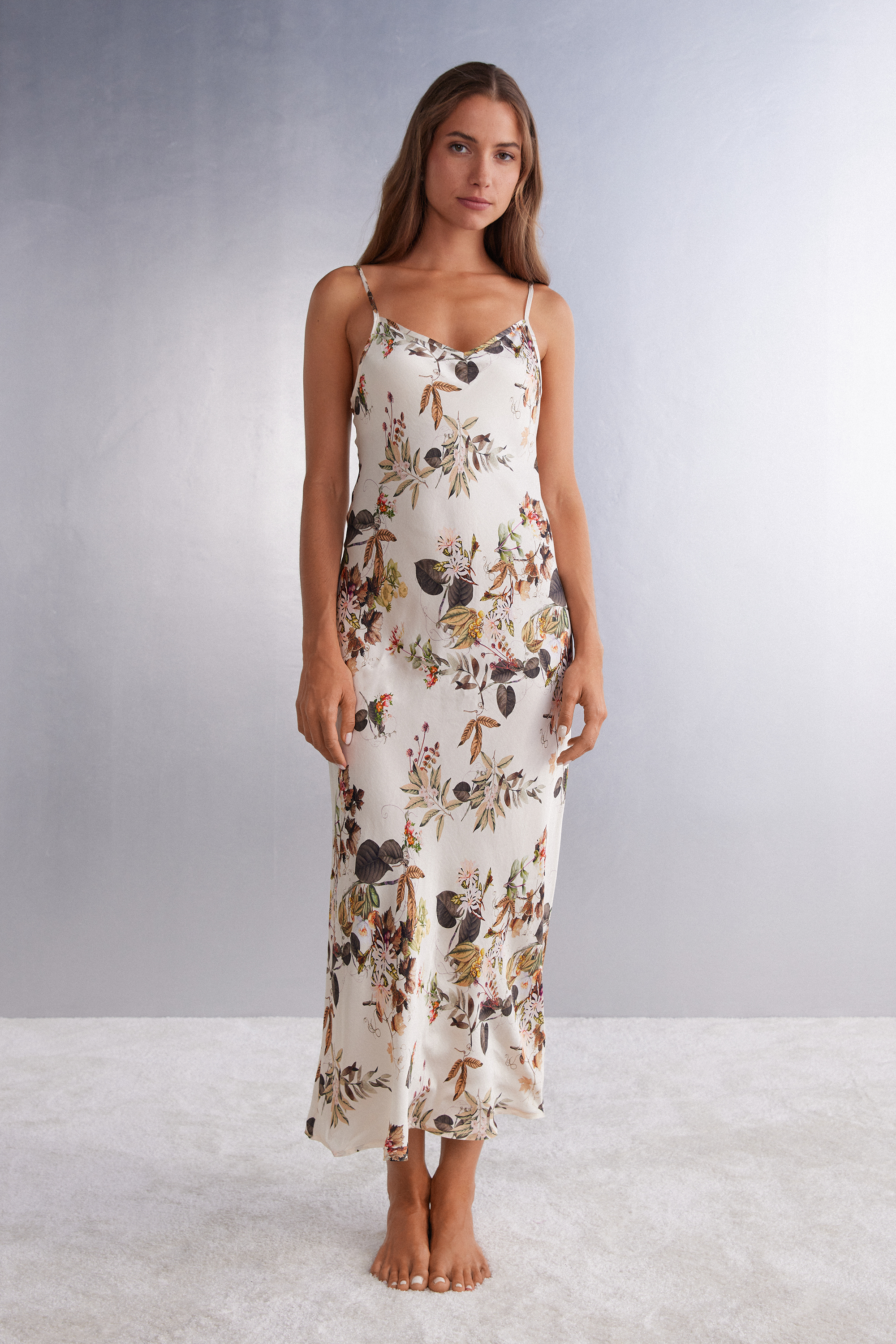 Anágua longa Autumn Botanics em viscose acetinada