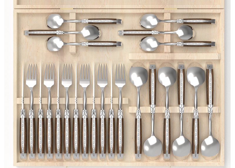 Service Laguiole de 24 pièces avec un manche en bois de noyer et mitres en acier inoxydable