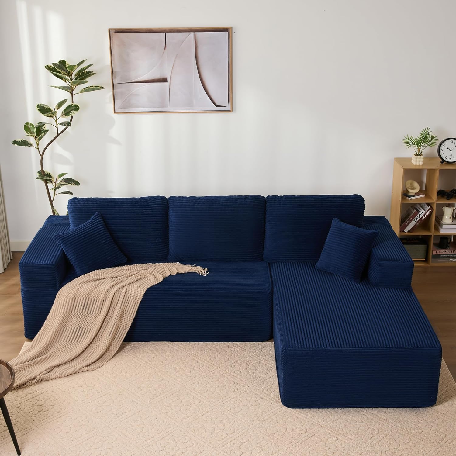 Modulares L-förmiges Ecksofa mit Schlaffunktion – rahmenloses Schlafsofa mit Chaiselongue rechts, extra tiefer Sitzfläche, montagefrei, für Wohnzimmer,Navyblau