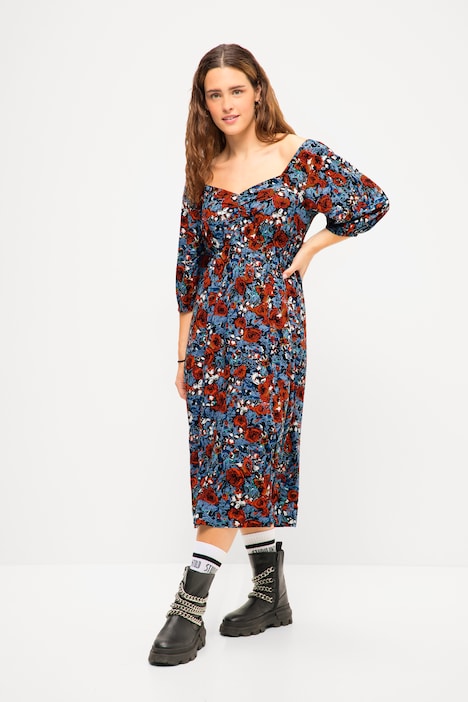 Midikleid, A-Line, Print, herzförmiger Ausschnitt, 3/4-Ärmel