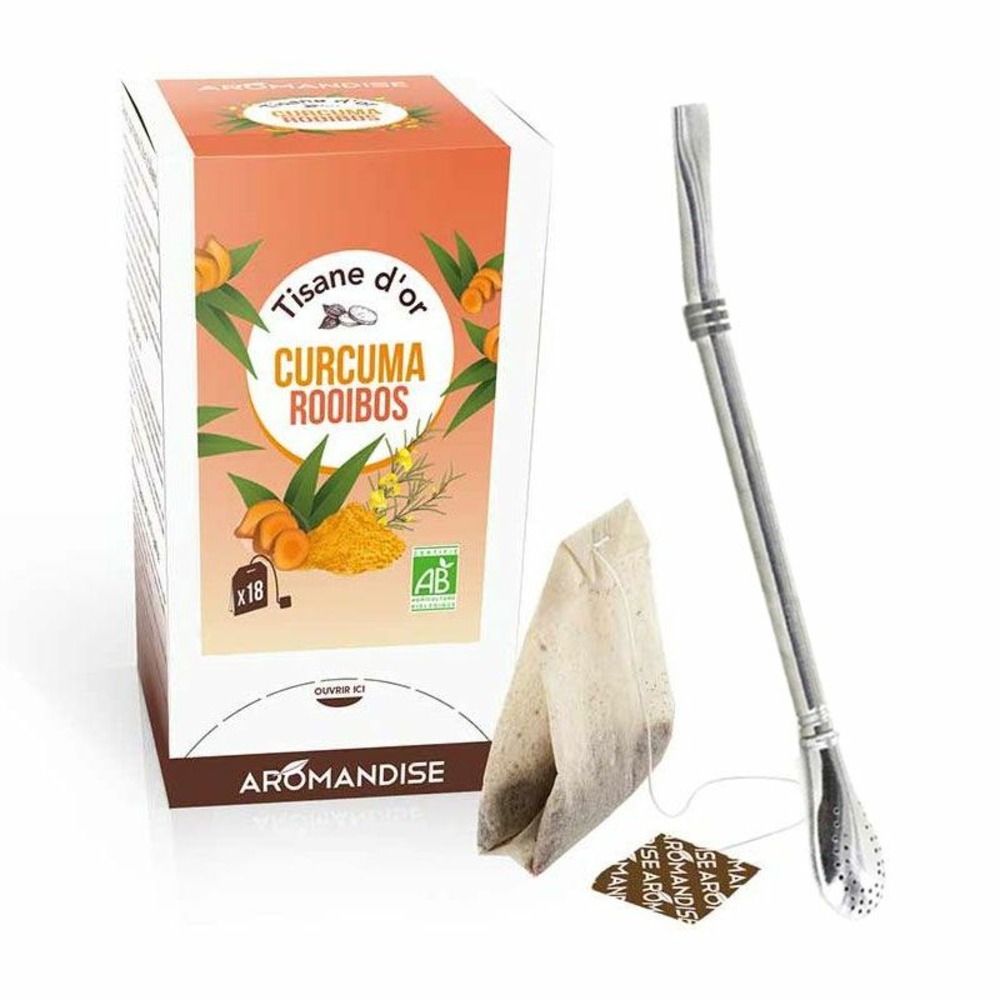 Tisane d'or bio curcuma rooibos 20 sachets + paille inox avec filtre