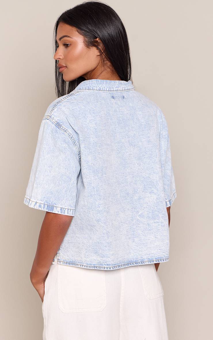 Bleu Glacé Chemise En Jean À Manches Courtes Et Col Cheminée Tall