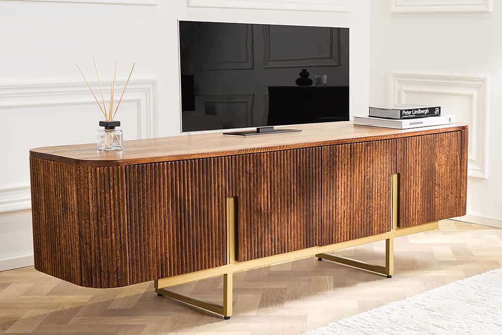 Design TV Board GATSBY 160cm braun mattgold Mangoholz Retro
