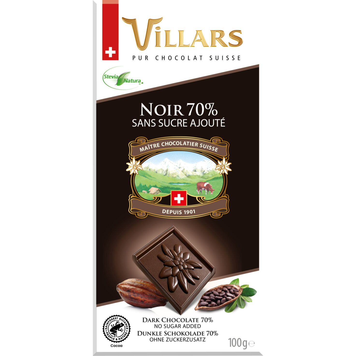 Villars Tafelschokoladeschokolade 70% dunkel mit Stevia