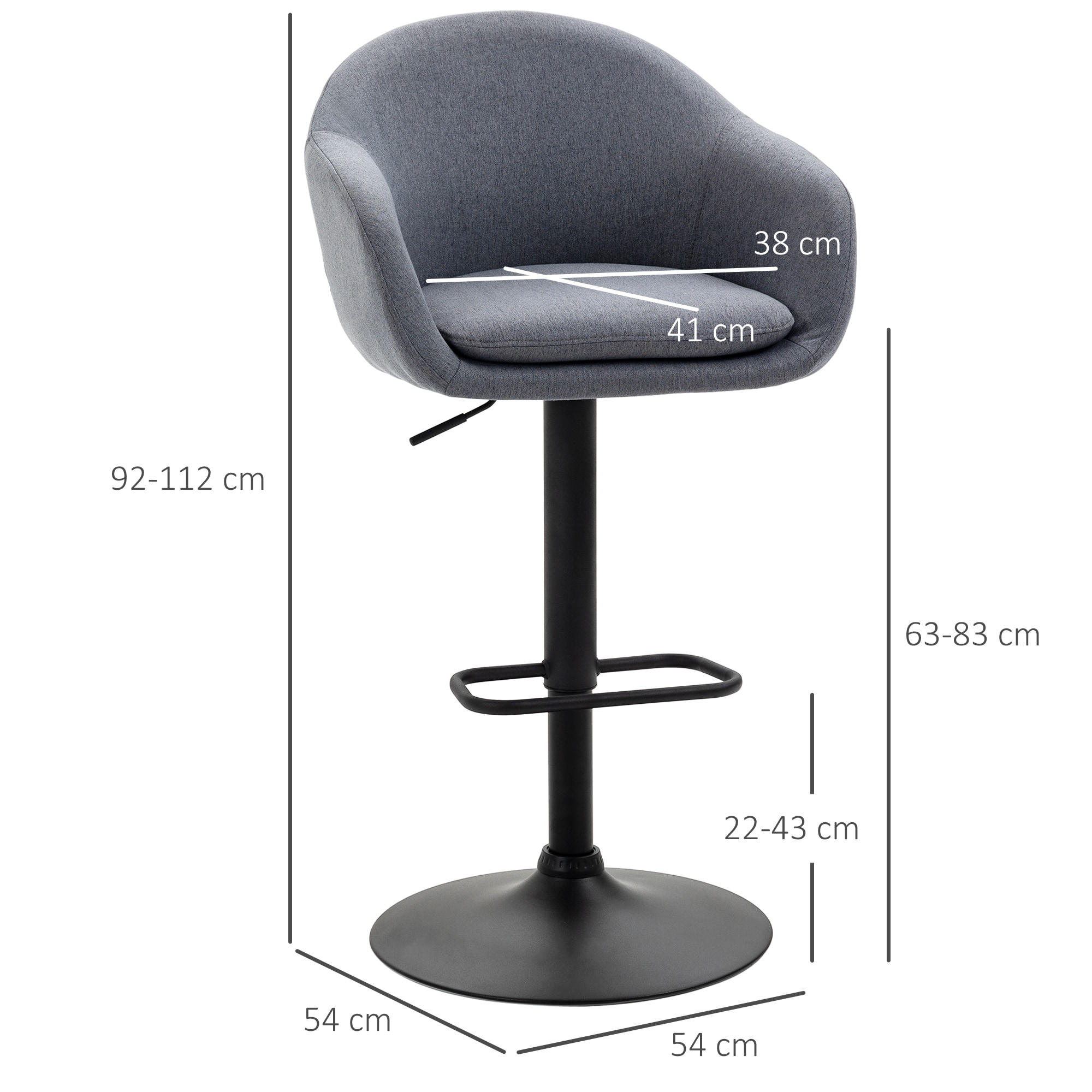 HOMCOM Barhocker mit Fußstütze grau 54L x 54B x 92-112H cm