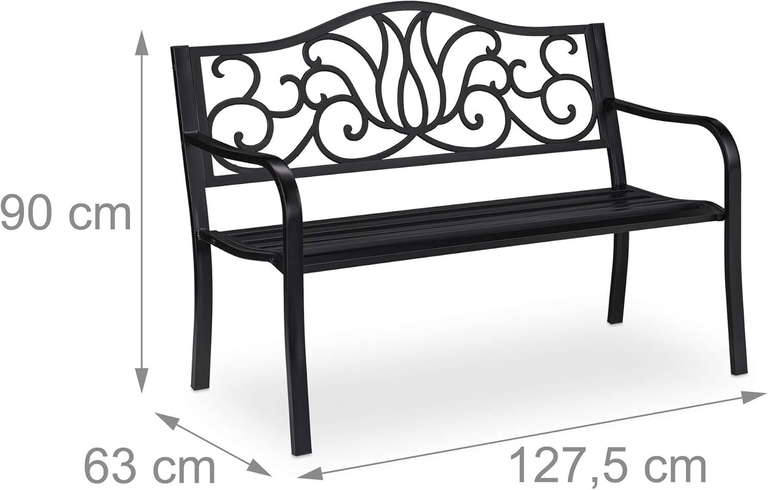 Relaxdays Gartenbank Antik für 2 Personen, Balkon, Terrasse, Metallbank HBT 90x127,5x63 cm, Stahl, Guss, schwarz