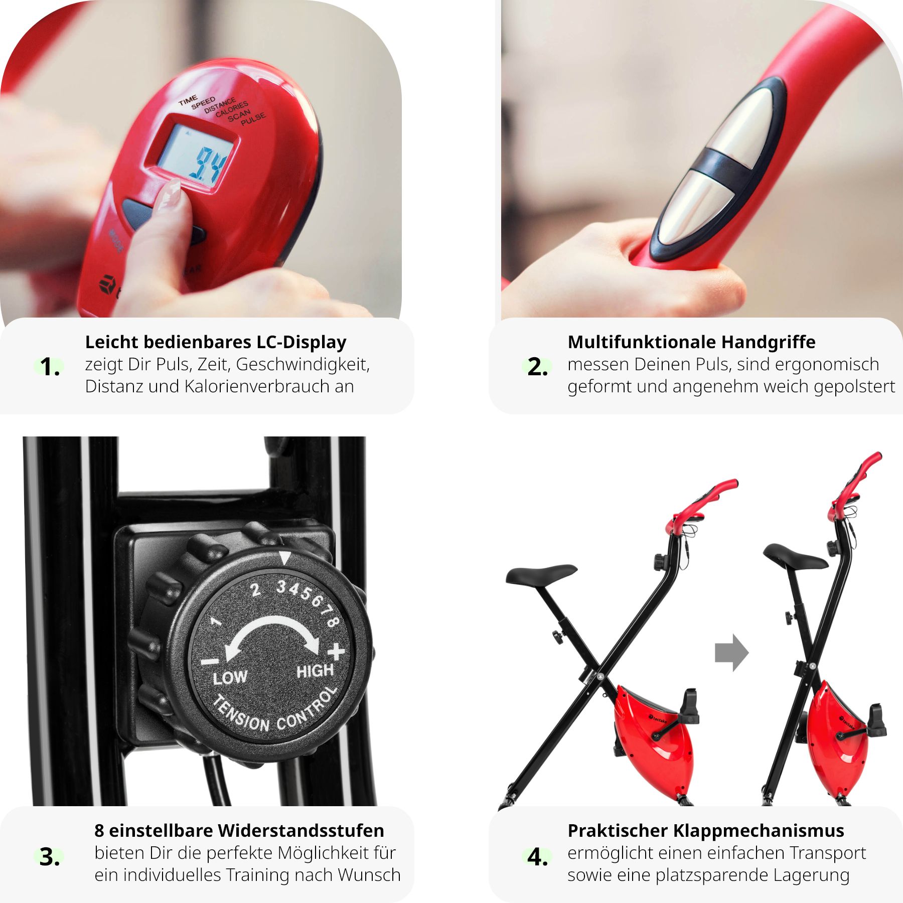 tectake® Heimtrainer, klappbar, 8 Schwierigkeitsstufen, mit Pedalriemen, inklusive Trainingscomputer und Pulsmesser