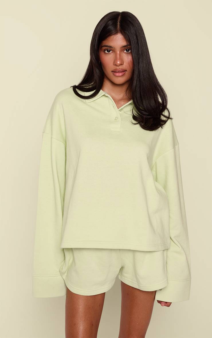 Citron Vert Sweat-shirt Oversized À Détail Col Polo En Molleton Bouclette
