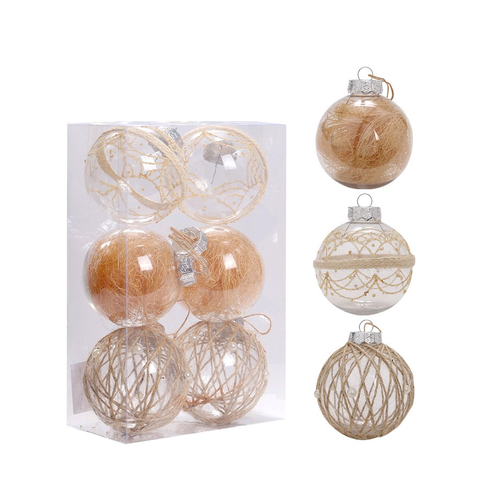 (6er Set) Ø8cm Christbaum Schmuck Gefüllte Boho Weihnachtskugeln Transparente Schnur Tannenbaum Anhänger Home Deko - Stroh