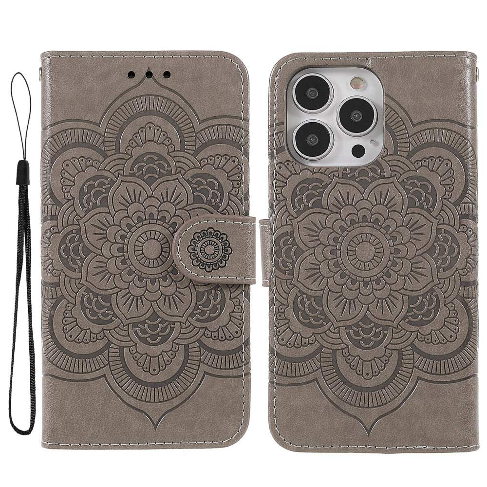 iPhone 13 Pro Leder Tasche Wallet - Mandala Flowers Imprint - Grau