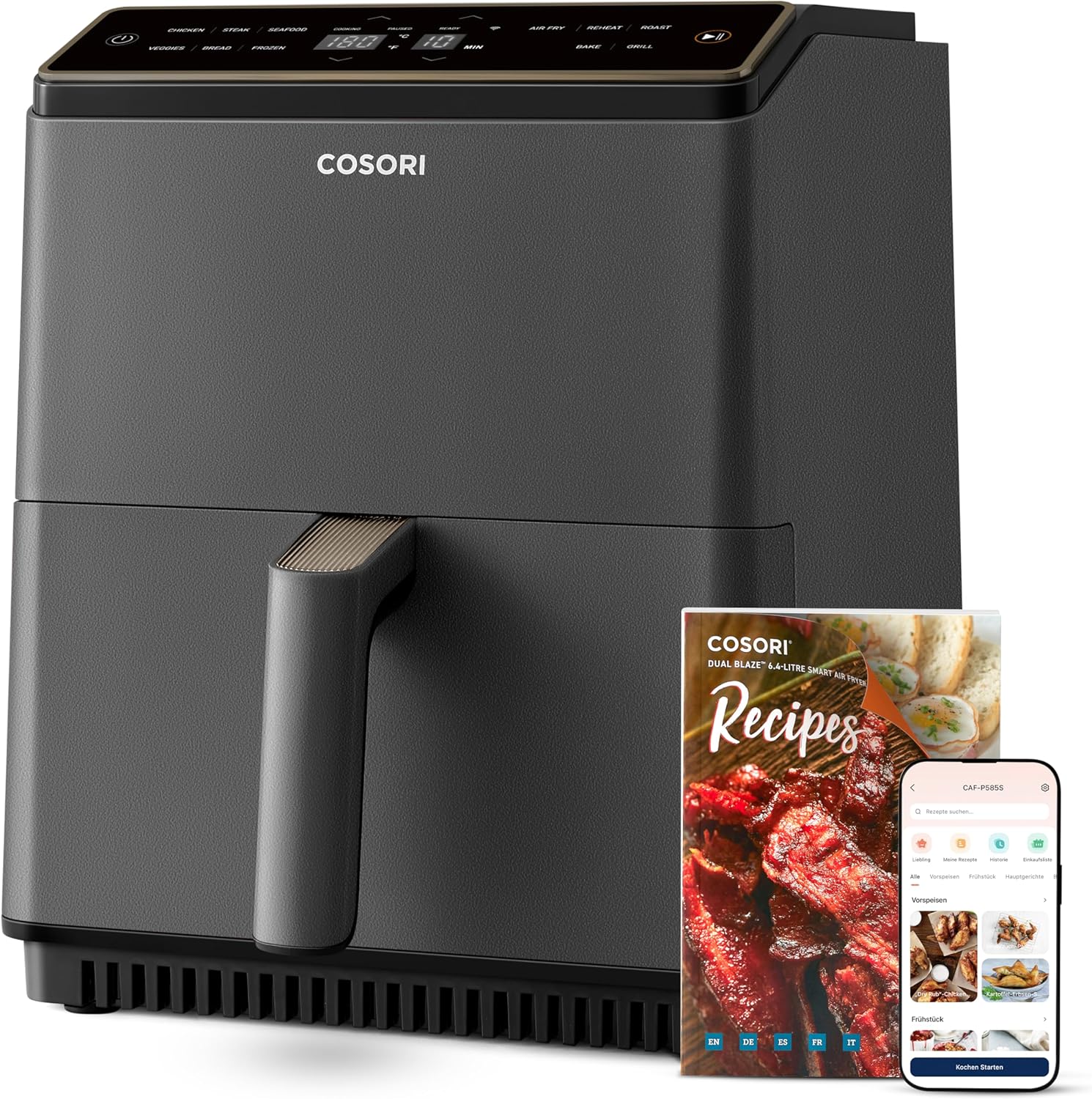 COSORI Dual Blaze Airfryer - Smart Heißluftfritteuse mit Wlan - 6,4L XXL Air Fryer - 11-in-1: Backen, Grillen, Brot, Hühnchen - 80+ Rezepte - spülmaschinenfest, Grau