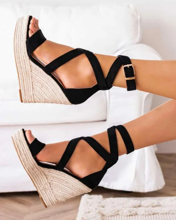 Sandale femme compensé daim noir - Elise