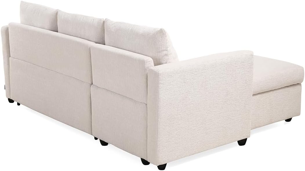 Meubletmoi Wilson Ecksofa, links, wendbar, 3-Sitzer, Länge: 210 cm, aus weichem Stoff, beige, ausziehbar, mit Kissen und integriertem Truhe, moderner Komfort und Originalität