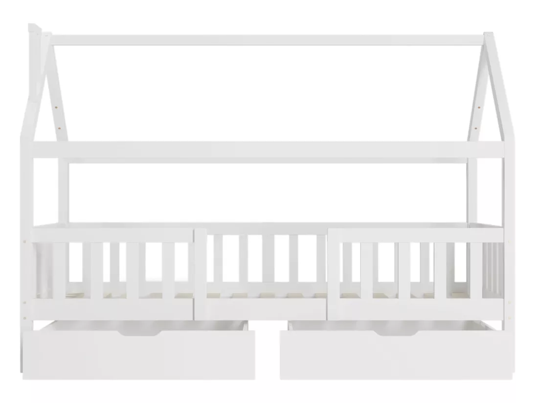Lit cabane pour enfant 90x200cm - Bois pin massif - 2 Tiroirs espace de rangement - avec sommier à lattes et barrière - Blanc