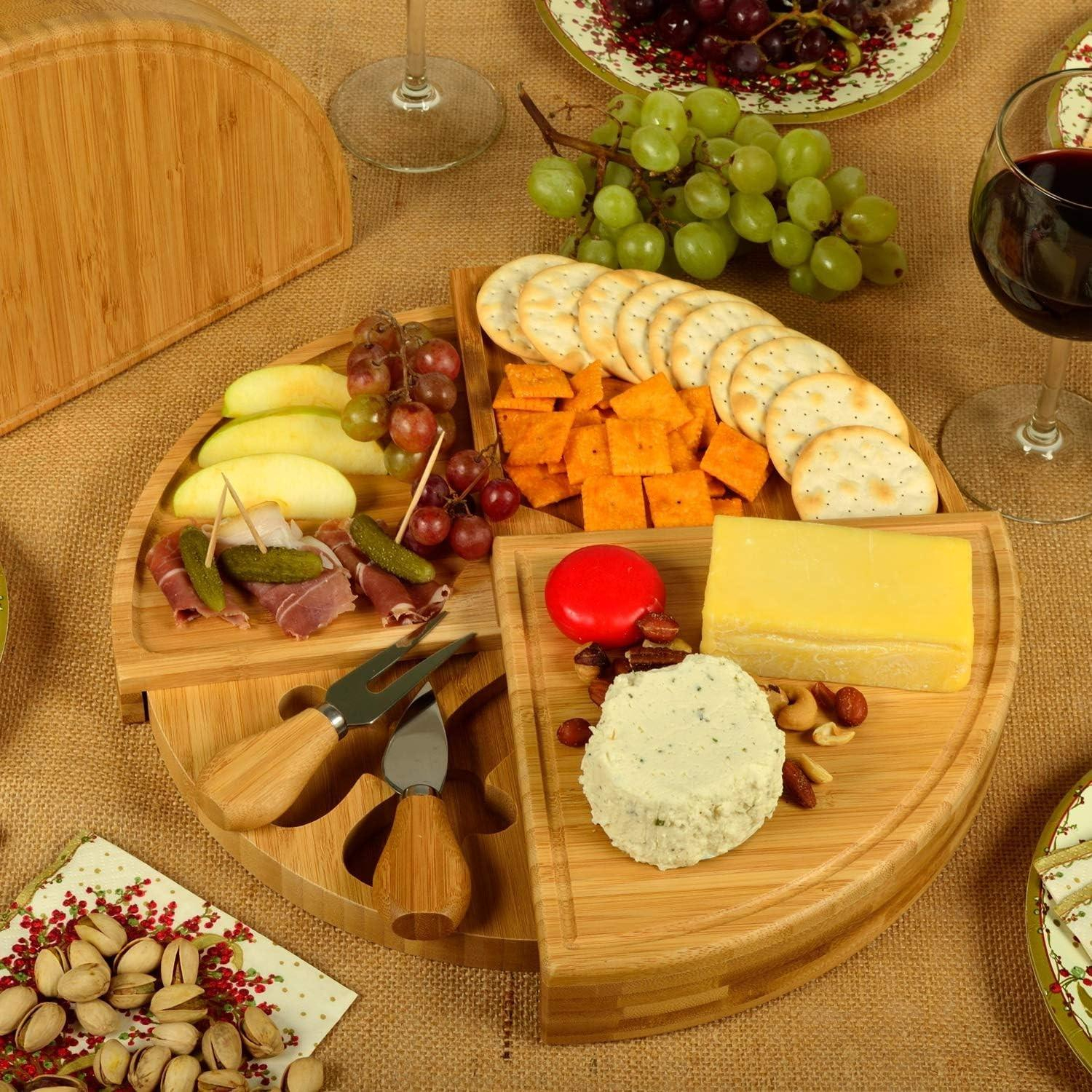 (3-tlg. Set) Bambus Käsebrett Apéro Drehplatte mit Käsebesteck für Zuhause / Garten / Picknick - Braun