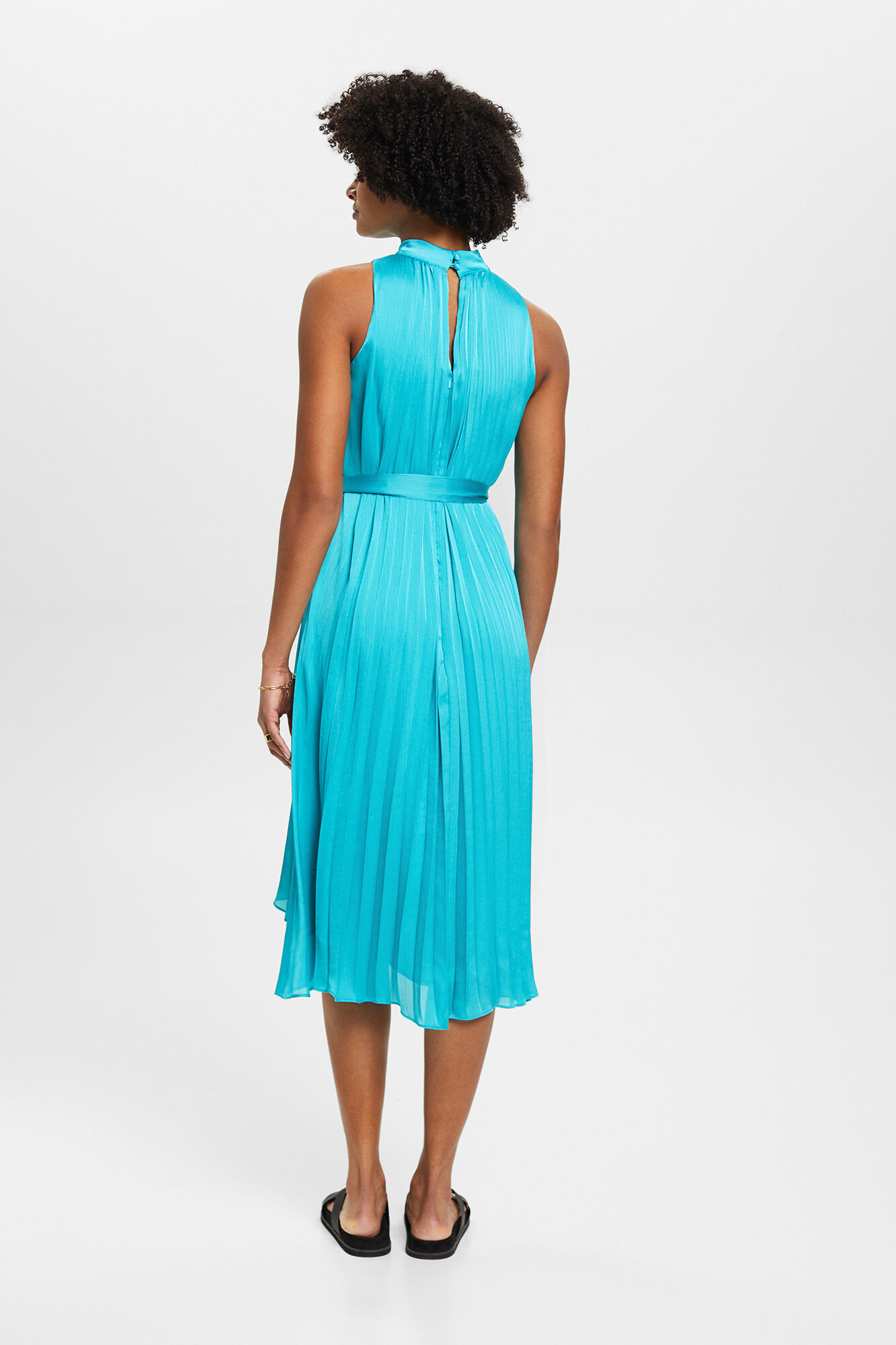 Vestido midi plissado sem mangas em cetim - Turquesa