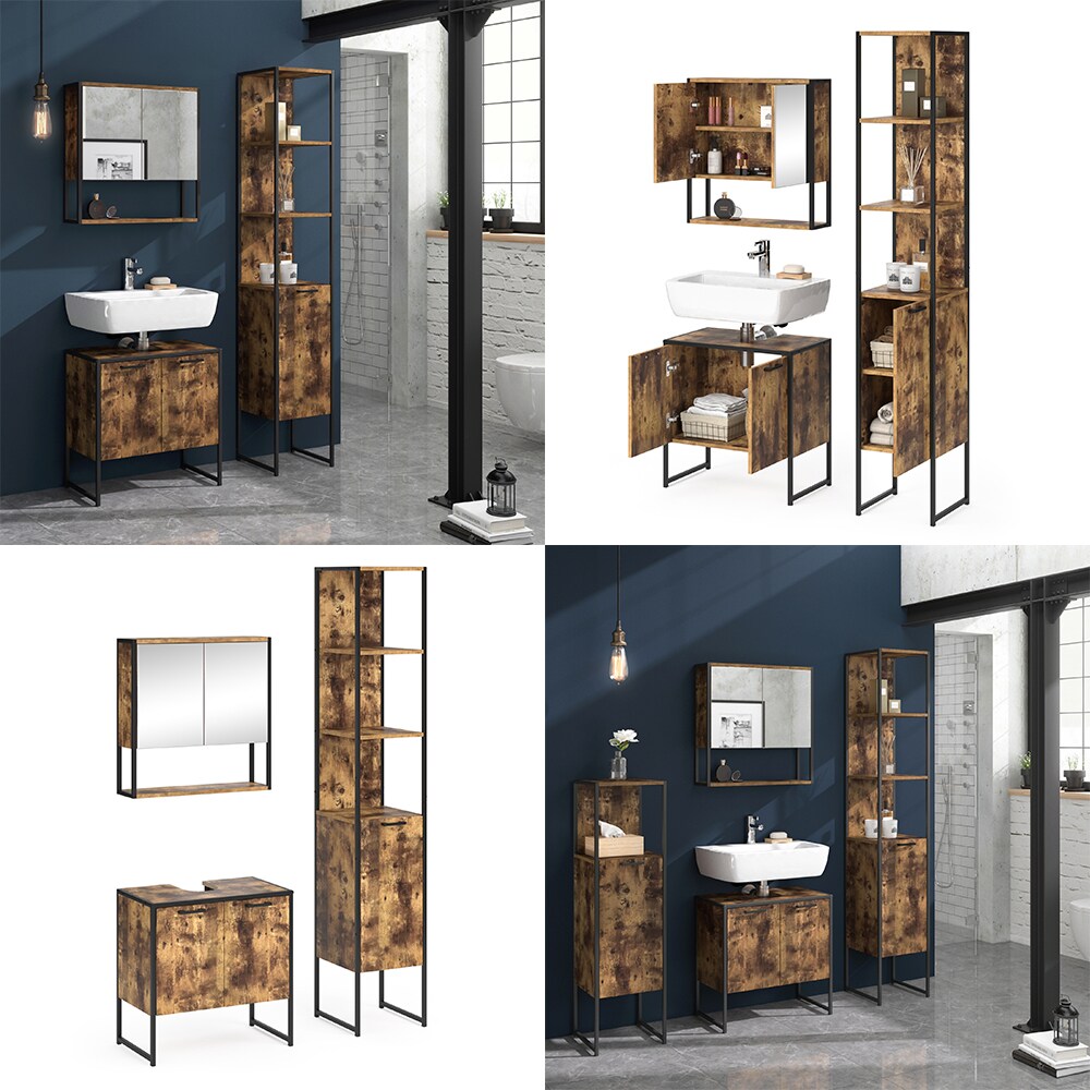 Vicco Loft Badmöbel Set Fyrk Vintage Spiegelschrank Hochschrank Waschtischunterschrank