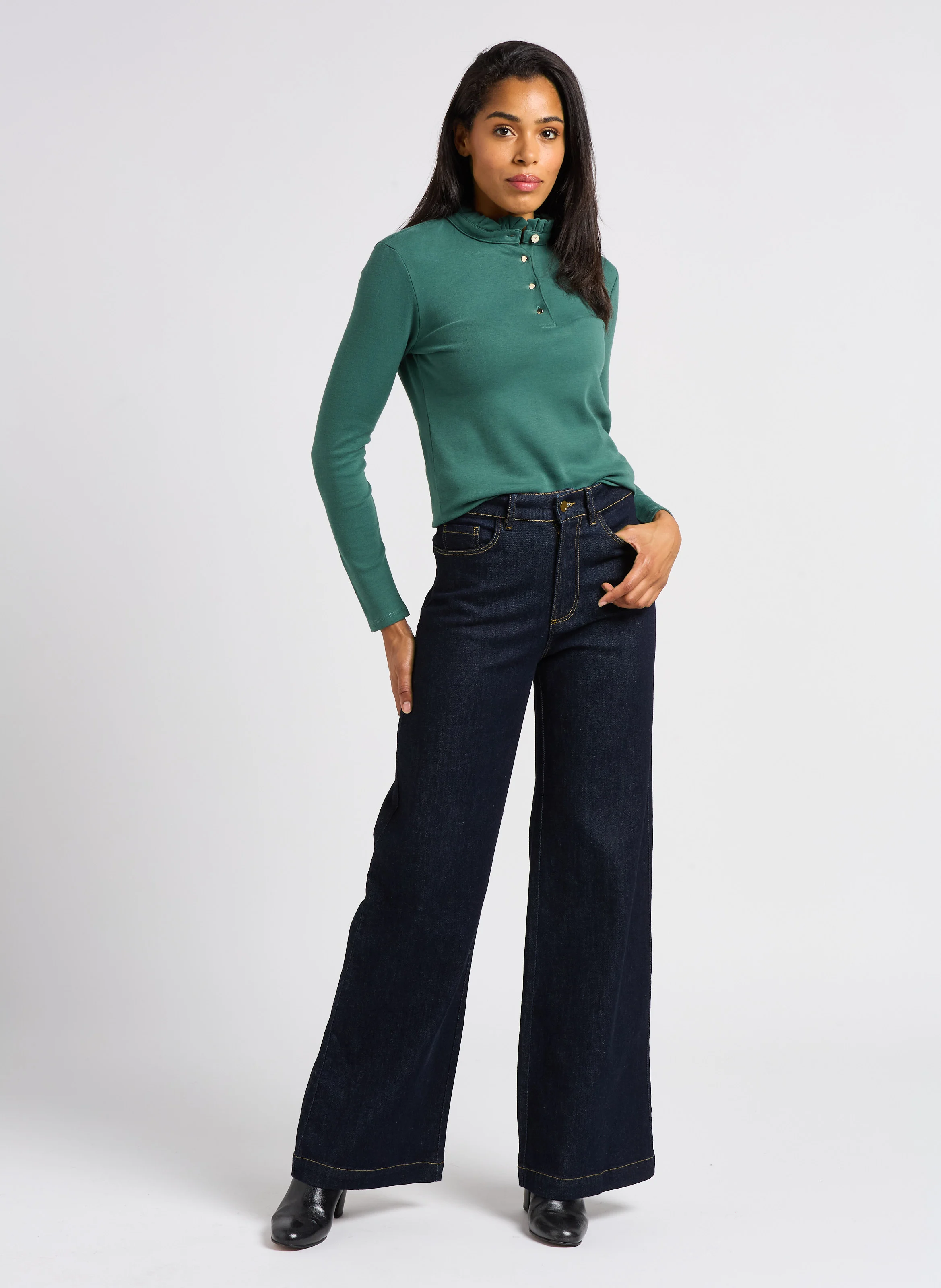 Jean flare taille haute en coton stretch | Bleu