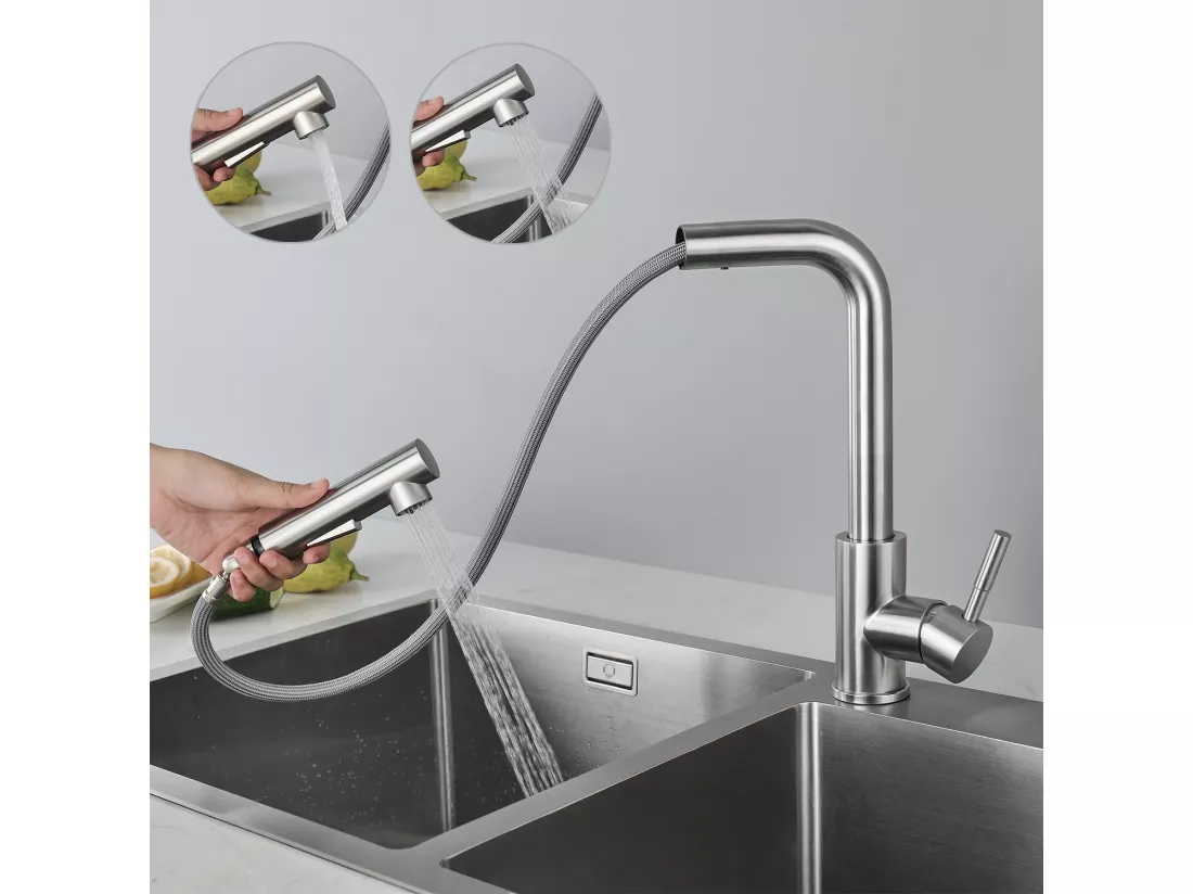 Cecipa max 40x45cm Evier de Cuisine en Quartz et Résine Evier Quartz 1 Bac Noir + Mitigeur avec Douchette Extractible - 2 Jets aux Choix - Brossé