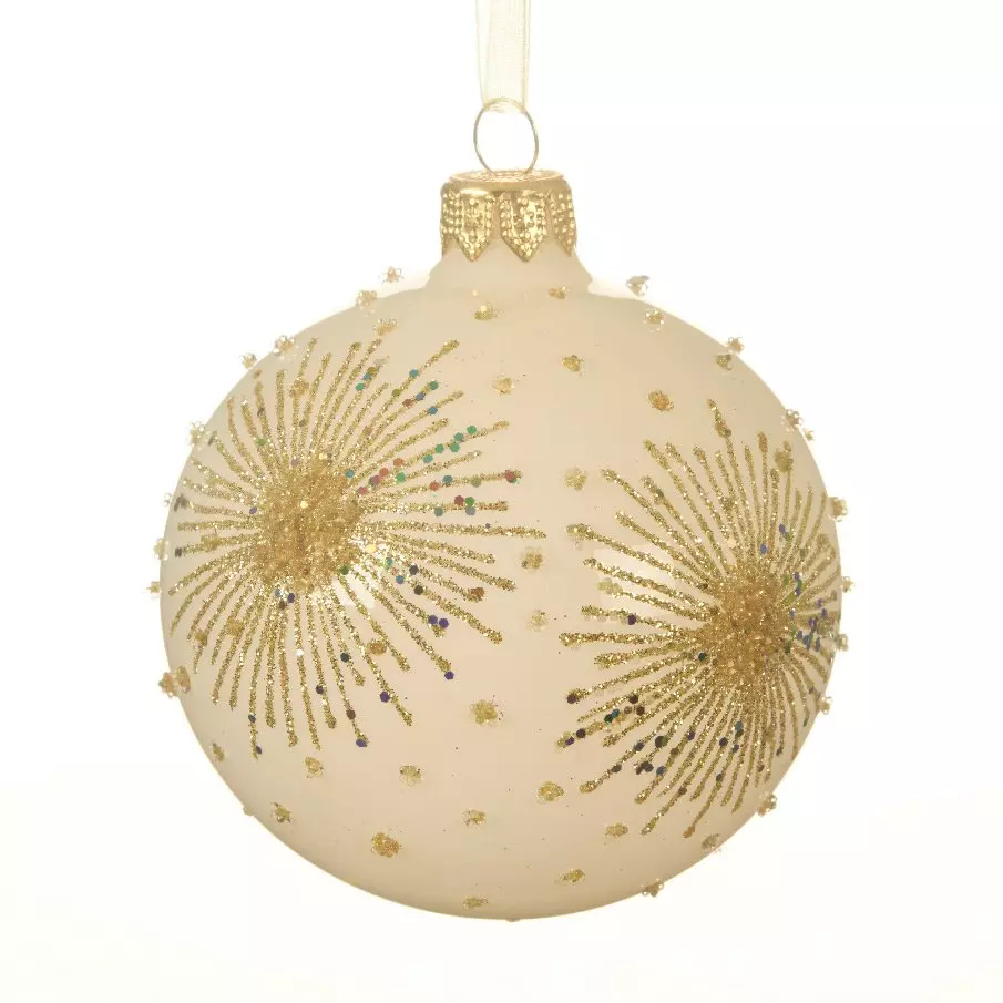 Lot de 6 boules de Noël en verre (D80 mm) Double étoile Blanc laine