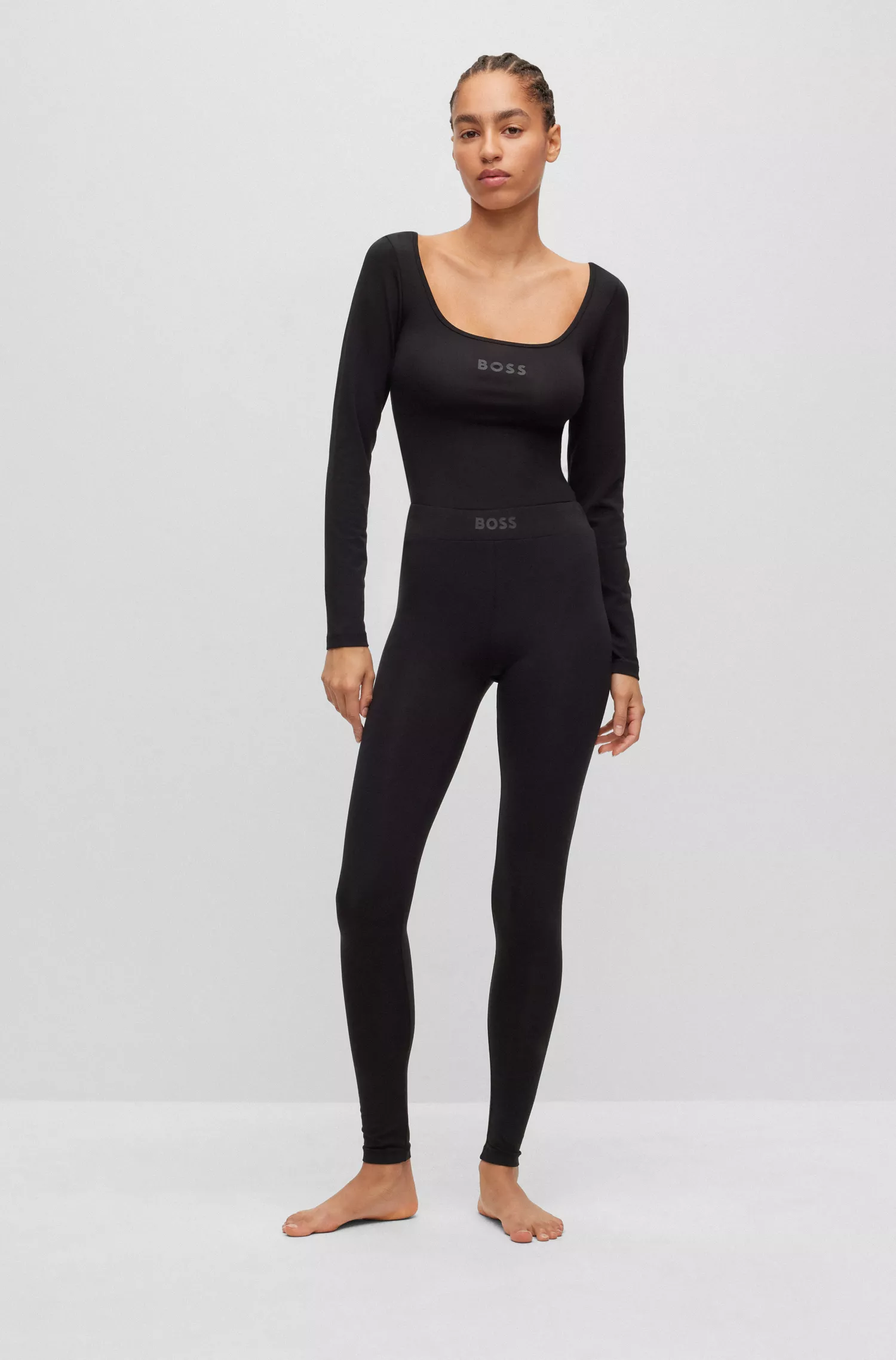 Calça legging de pijama BOSS preta, corte justo, com cós com logo.