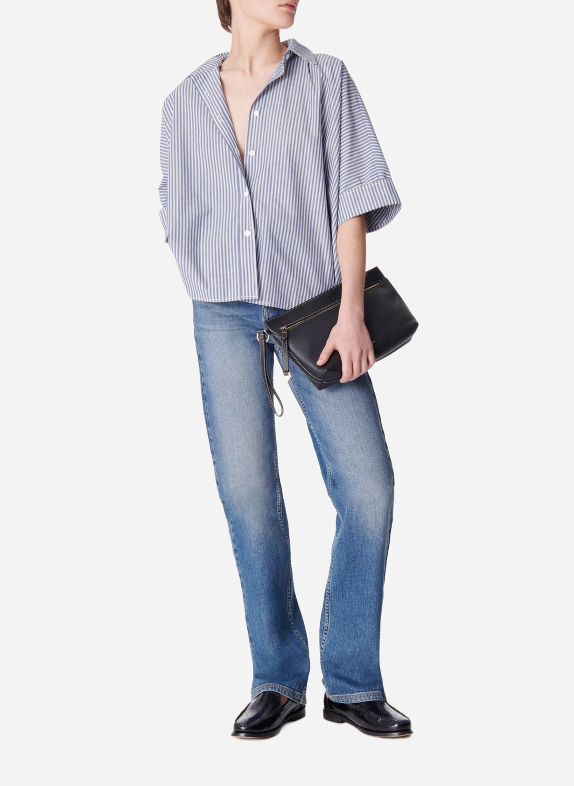 BOBBY - Chemise cropped manches courtes à rayures| Bleu