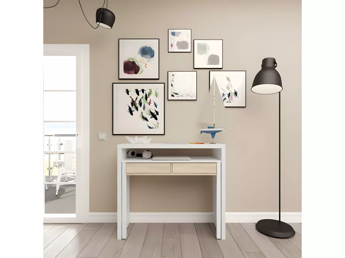 Console bureau extensible Blanc/Chêne clair - NIAL - L 99 x l 36 x H 88 cm