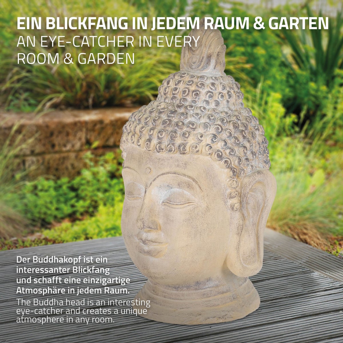 ECD Duitsland Boeddhabeeld 55 cm Beige/Grijs, Kunststeen Polyresin, Hoofdbeeld Sculptuur Decoratief Figuur Feng Shui Kunststeen Figuur Decoratief Tuinbeeld Aziatisch Decoratief Object Stenen Beeld, voor Huis en Tuin