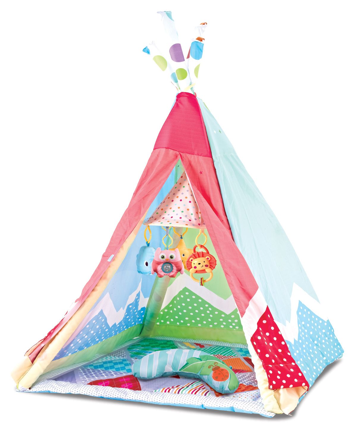 Kikkaboo Spielbogen 2 in 1 Tipi Spielzelt, 5 Spielzeuge, 18 bunte Bälle, Kissen pink