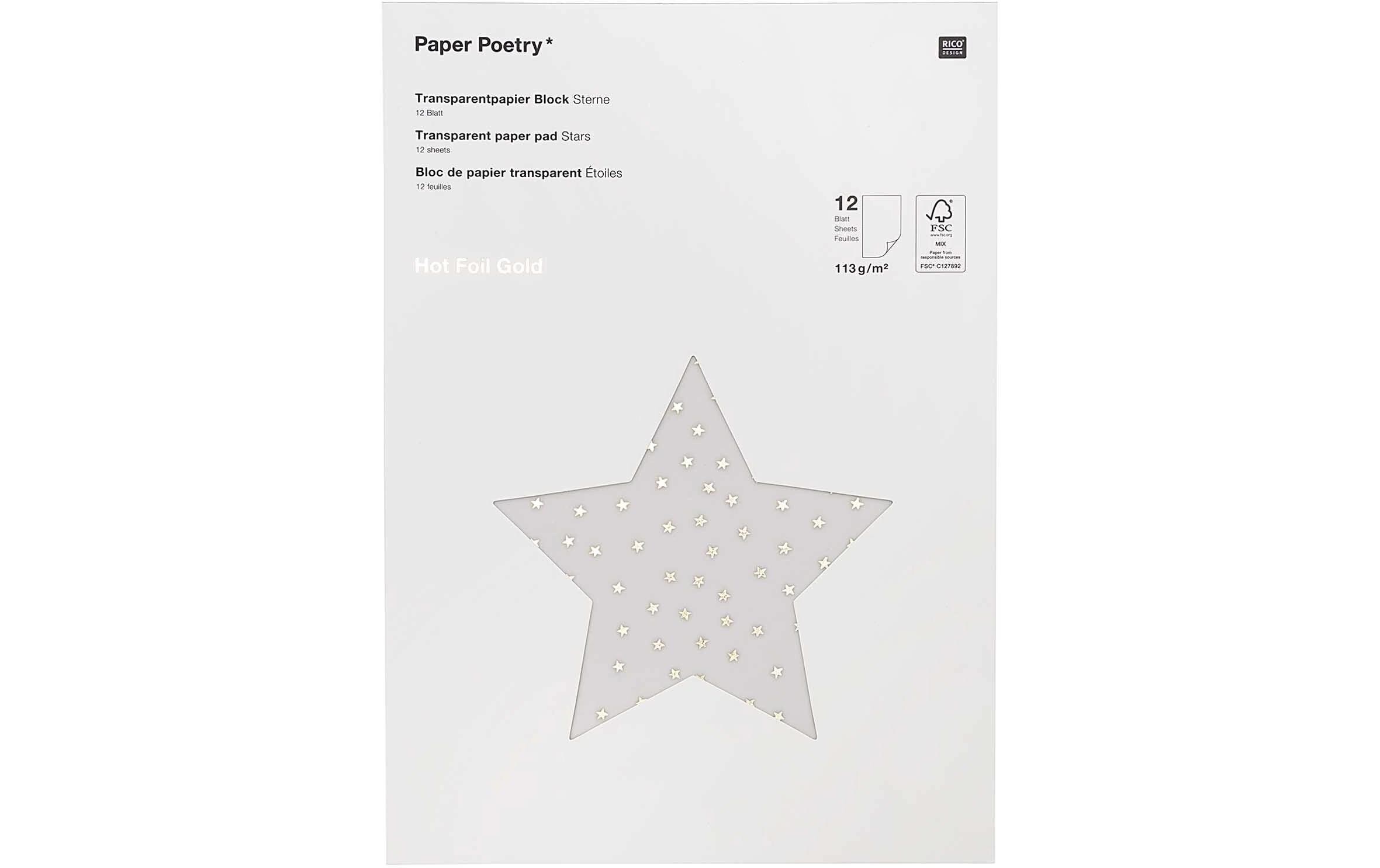 Transparentpapier Sterne A4, 113 g/m², 1 Stück, GoldFeines, durchscheinendes Transparentpapierblock