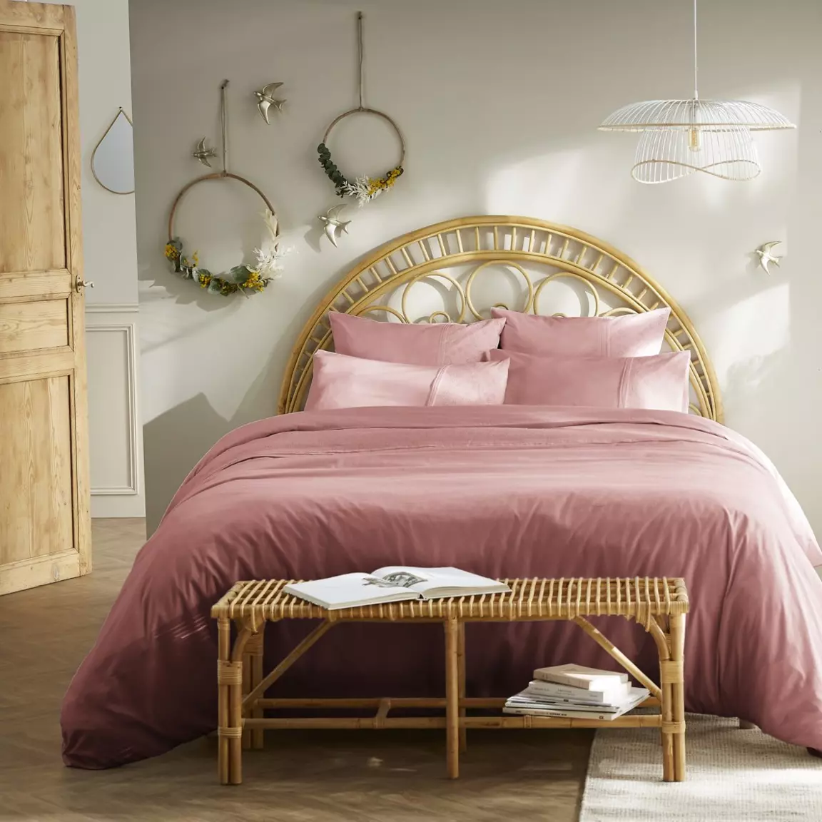 Housse de couette dentelle coton (260 x 240 cm) Jeanne Rose poudré