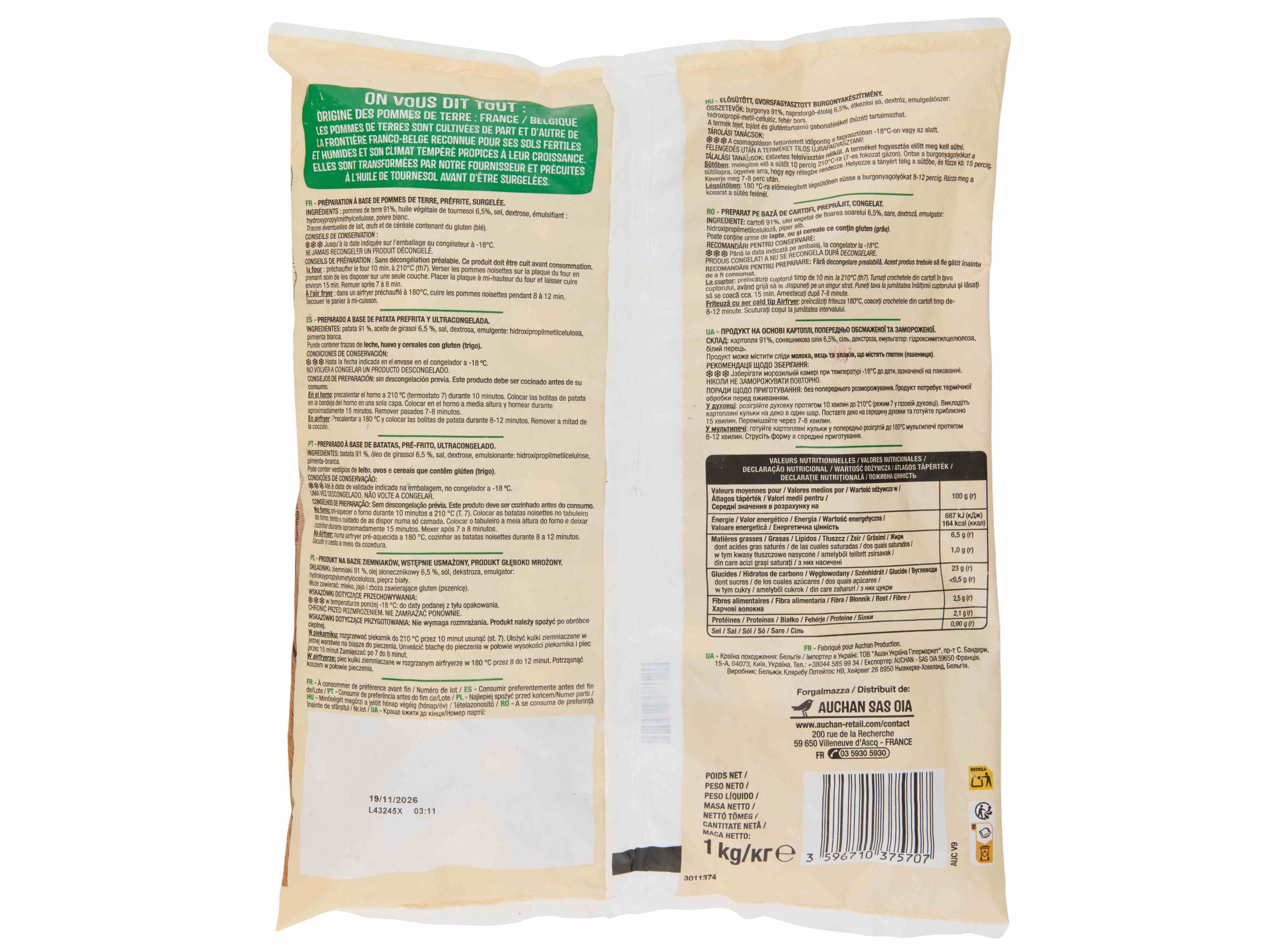 BATATAS PRÉ-FRITAS AUCHAN NOISETTES PARA FORNO/AIRFRYER 1KG