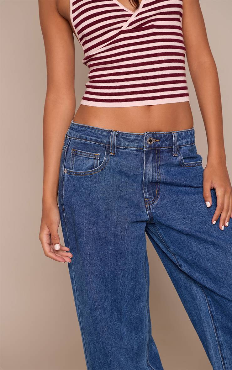 Bleu Foncé Jean Boyfriend Taille Basse À Jambe Large