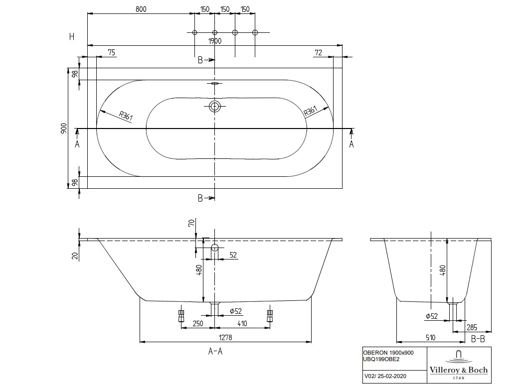 Villeroy & Boch Oberon inbouw ligbad 190x90cm wit