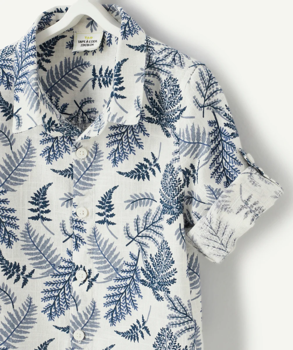 CHEMISE BÉBÉ GARÇON EN LIN BLANC ET IMPRIMÉ FEUILLES BLEUES