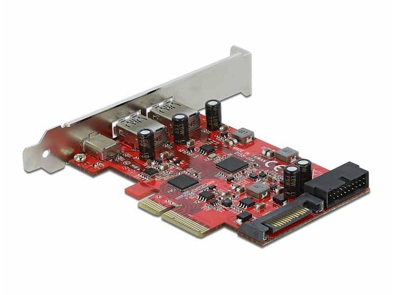 Delock PCI-Express-Karte USB-C / USB-A / intern USB 5 Gbps Delock PCI Express x4 Karte zu 1 x extern USB Type-C Buchse   2 x extern USB Typ-A Buchse SuperSpeed USB 10 Gbps   1 x intern USB 5 Gbps Pfostenstecker