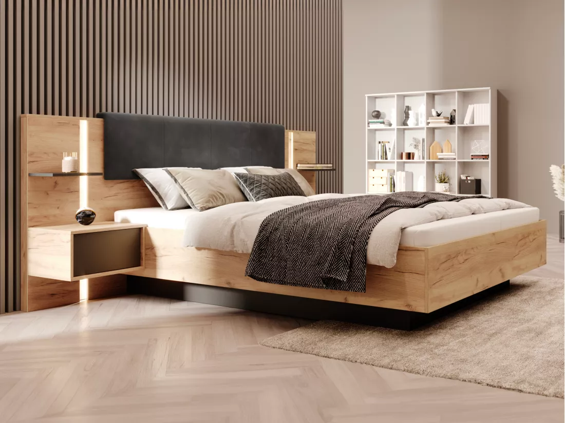Lit coffre avec chevets 160 x 200 cm - Avec LEDs - Coloris : Naturel et anthracite + Matelas - ELYNIA