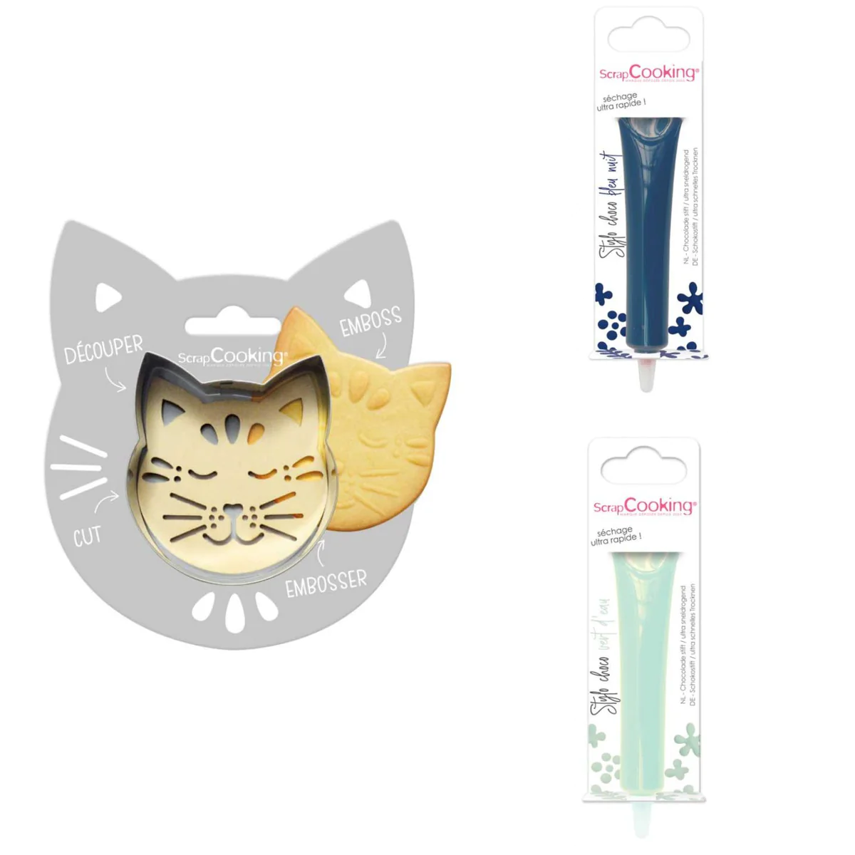 Kit pour biscuit en relief Chat + 2 Stylos au chocolat bleu nuit et ve