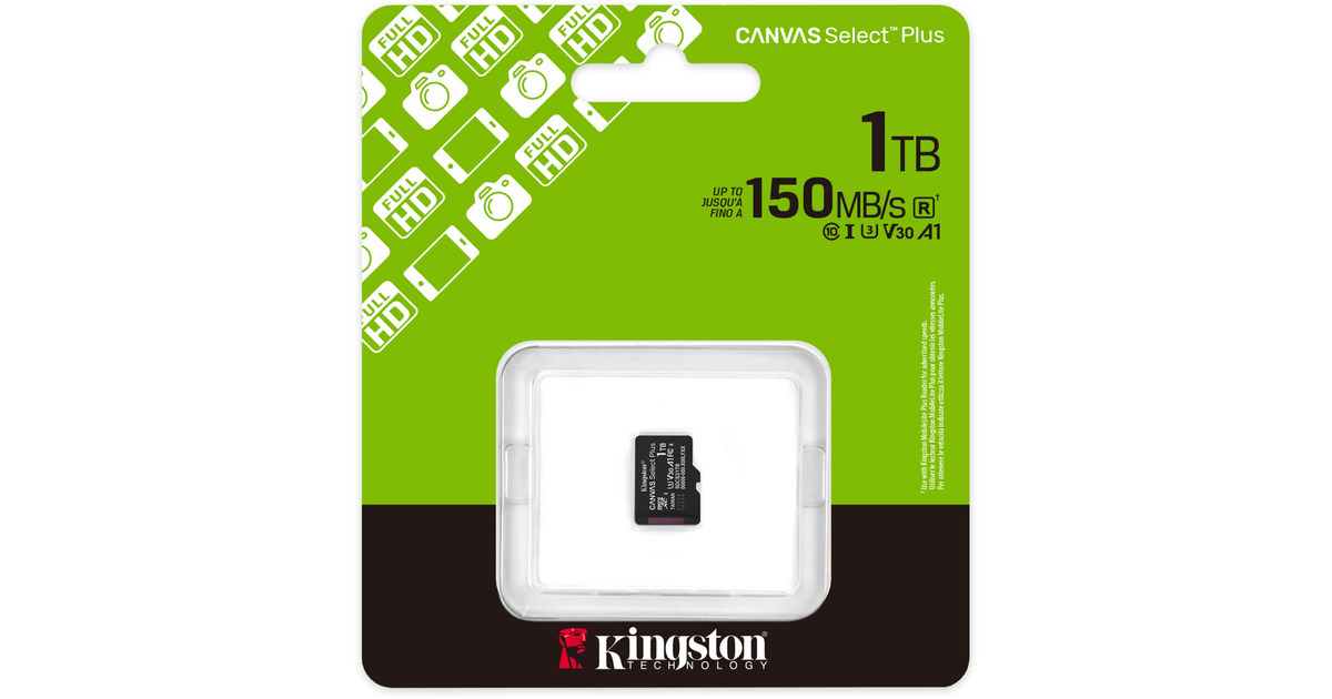KingstonCanvas Select Plus 1 TB MicroSDXC geheugenkaart  (Zwart, UHS-I U3, Class 10, V30)