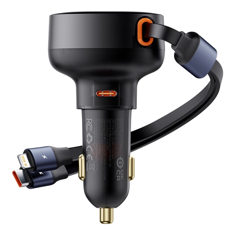 (55W) USB C Auto KFZ Ladegerät mit einziehbarem USB C / Lightning Kabel - Schwarz