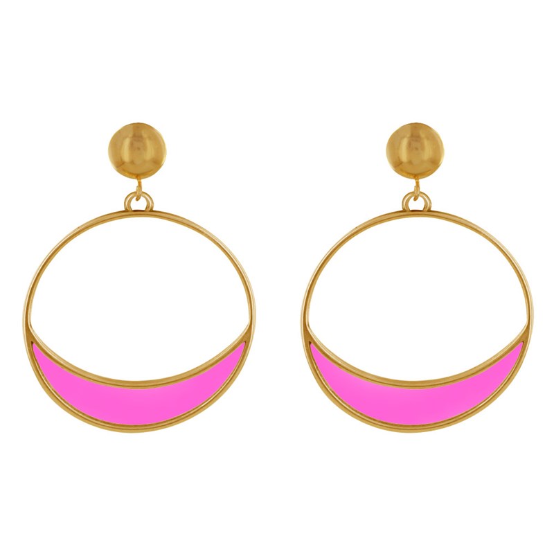 Boucles d'Oreilles Clous Métal Doré Cercle et Croissant de Lune Translucide Coloré