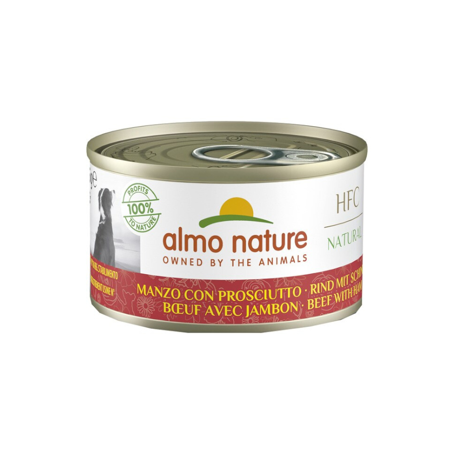 Lata de 95 g de Almo Narute HFC com carne bovina e presunto para cães