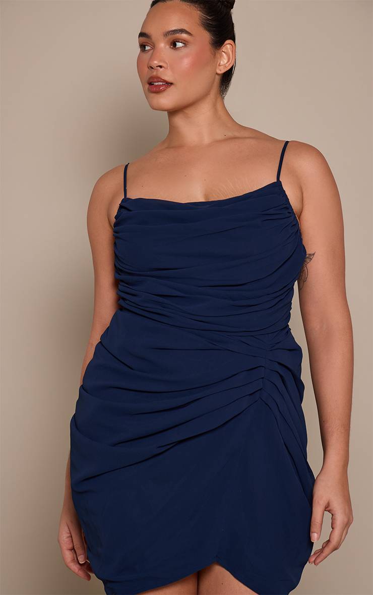Bleu Marine Robe Courte Drapée En Mousseline Avec Détails Froncés Grande Taille