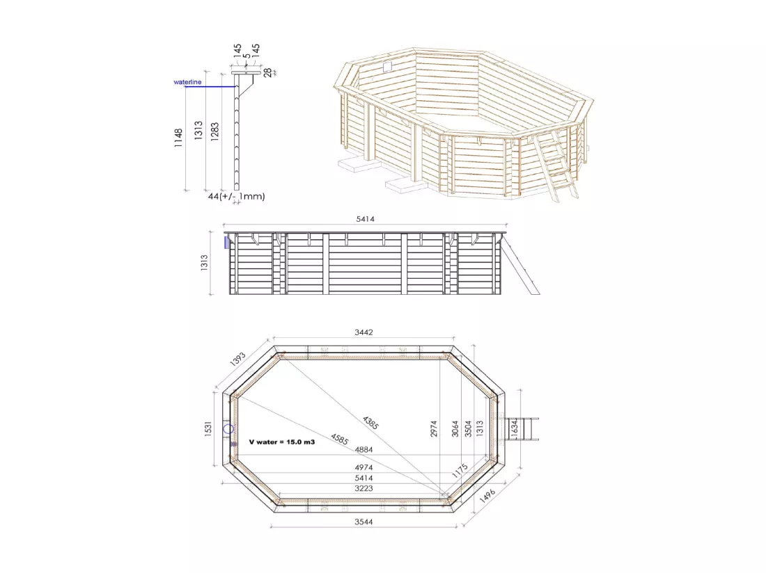 WATERCLIP - Piscine bois FSC octogonale 541 x 350 cm - 12m2 - Autoclave IV - Liner 70/100 - Rainurée languette + Filtration 8m3/h + Echelle - EMEO