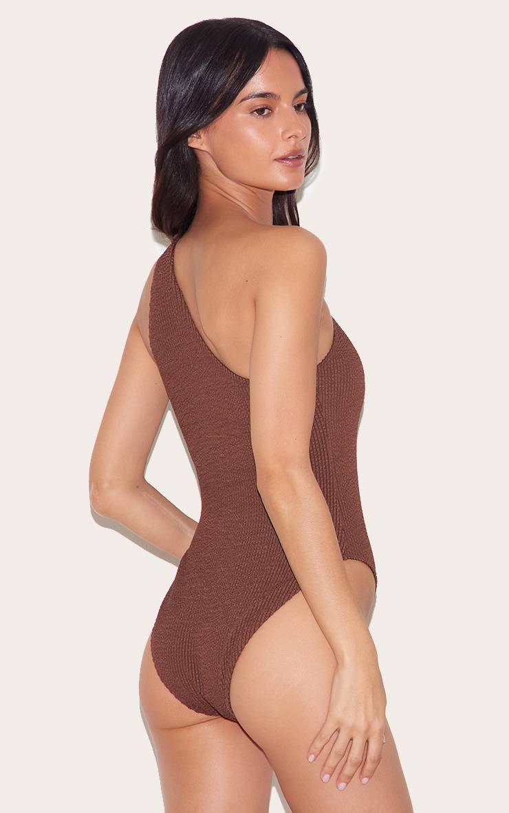 Marron Chocolat Maillot De Bain Une Épaule À Découpe Marron Chocolat Froissé